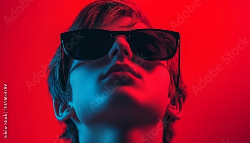 Person Wearing Sunglasses with Dramatic Red Lighting on Face