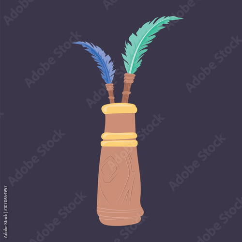 Feather pens in container in flat design. Old handwriting tools with plume. Vector illustration isolated.