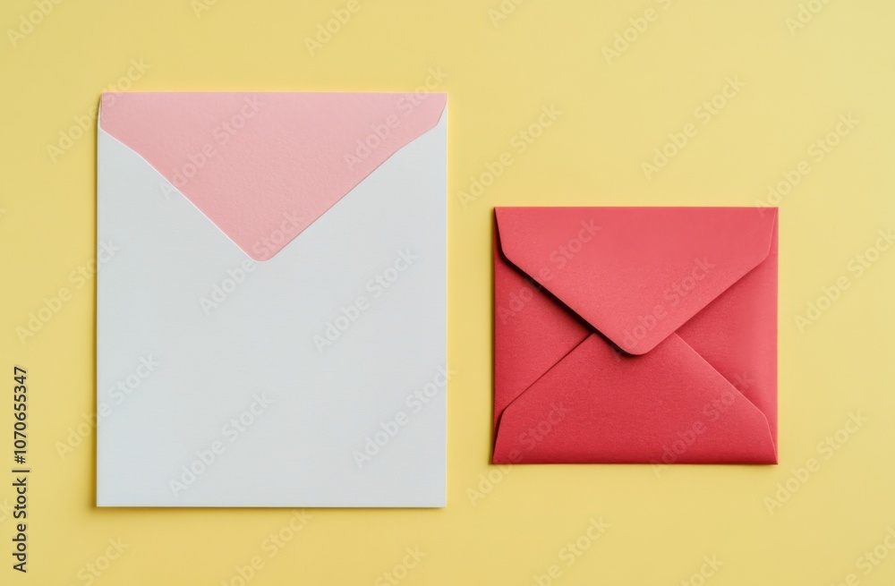 White Blank Paper with Pink and Red Envelopes on Light Beige Background, Photo-Realistic Flat Lay for Wedding Invitation, Party, Holiday Greeting