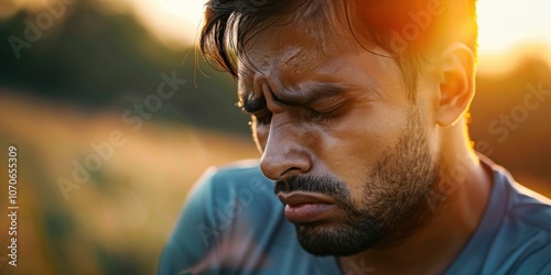 Exhausted athlete taking a breather during training, engaging in breathing exercises with a blurred background. Sportsman pauses to recover after a workout or practice session photo