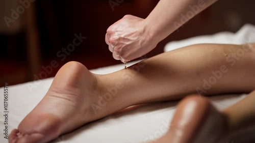 Wallpaper Mural close up in a massage parlor on a massage table a girl with bare legs massage with black stones massage of the calf muscle Torontodigital.ca