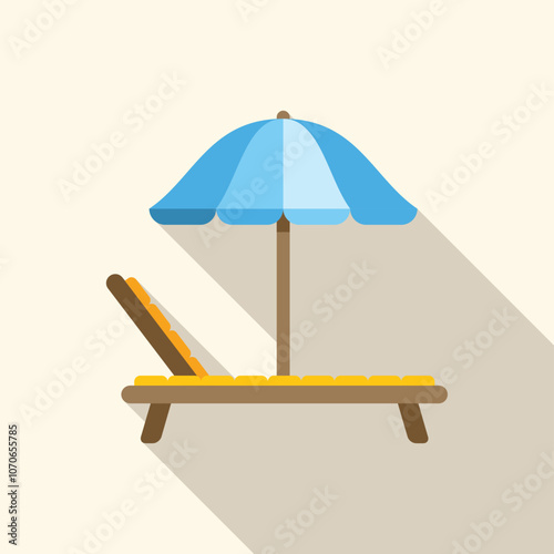 Deck chair under beach umbrella casting long shadow on sand, representing summer vacation and relaxation