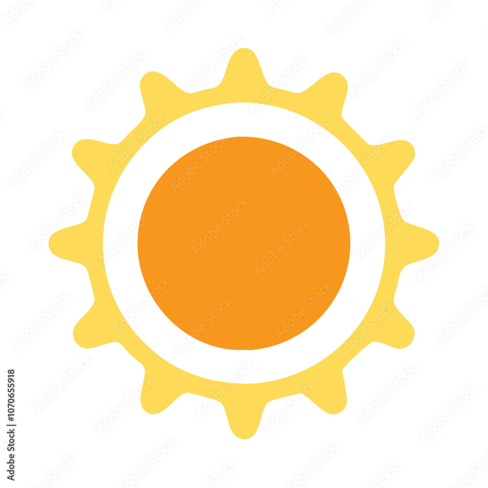 Stylized Sun Icon with Orange Core and Yellow Rays, Flat illustration of a sun with an orange core, white ring, and yellow wavy rays, symbolizing warmth, sunlight, and summer in a modern design.
Stylized Sun Icon with Orange Core and Yellow Rays, Flat illustration of a sun with an orange core, white ring, and yellow wavy rays, symbolizing warmth, sunlight, and summer in a modern design.
