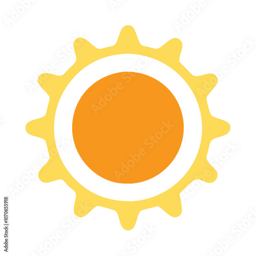 Stylized Sun Icon with Orange Core and Yellow Rays, Flat illustration of a sun with an orange core, white ring, and yellow wavy rays, symbolizing warmth, sunlight, and summer in a modern design. 