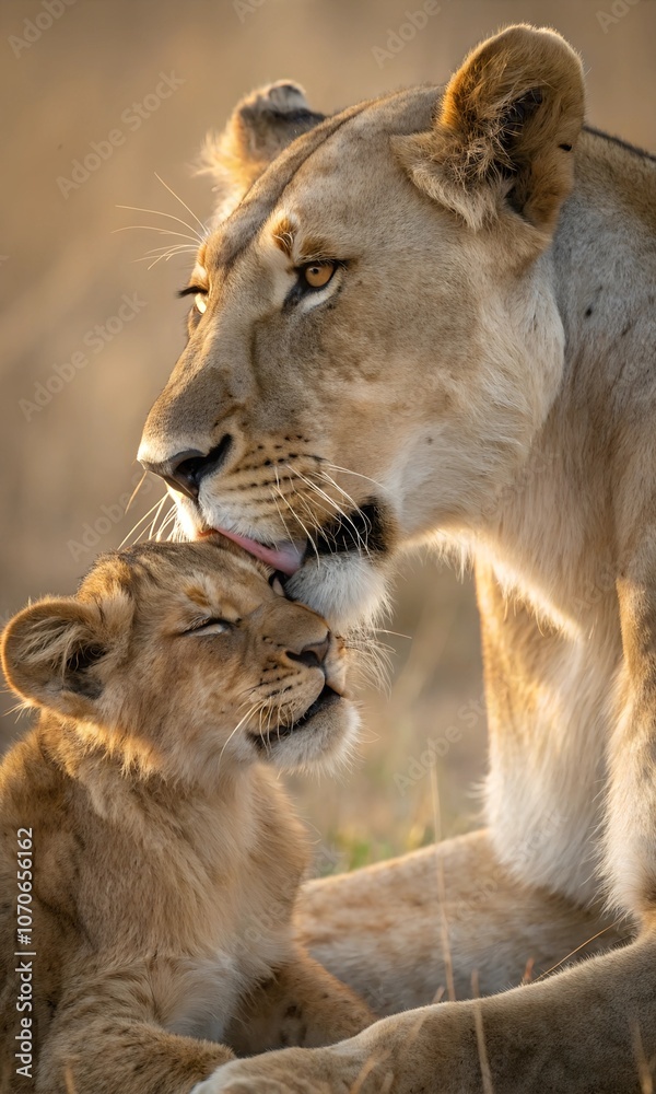 Obraz premium The lioness gently licks her playful cub in the warm light of sunset, showcasing their bond in the African wilderness. The setting provides a serene backdrop. AI