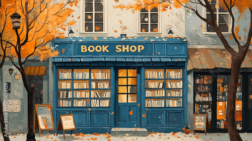 Autumn Festival, a bookstore with on the front, from a painting by person, in the style of folk art inspired illustrations, bold patterned quilts, pastel colors, bloom core, mixes painting and ceramic