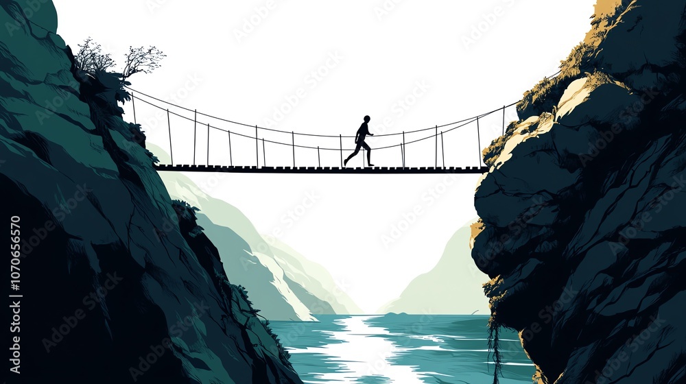 Fototapeta premium a 2D cartoon illustration of a person walking across a suspension bridge over a river, daring and thrilling, white background--ar 16:9