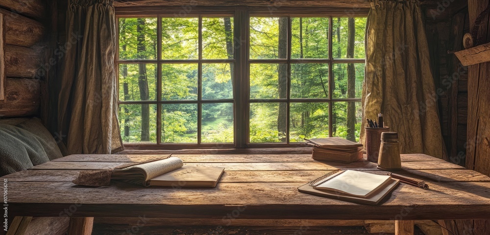 A rustic cabin interior with a wooden table, a journal, and a window showing a peaceful forest view, inviting calm and creativity. A rustic cabin interior with a wooden table, a journal, and a window showing a peaceful forest view, inviting calm and creativity.