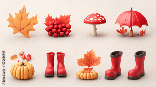 Autumn seasonal clothes and plants 3d vector icons collection. Cute three dimensional yellow and orange plastic objects set isolated on white background.