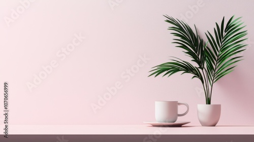 A minimalistic scene featuring a white cup and a potted palm plant against a soft pink background.