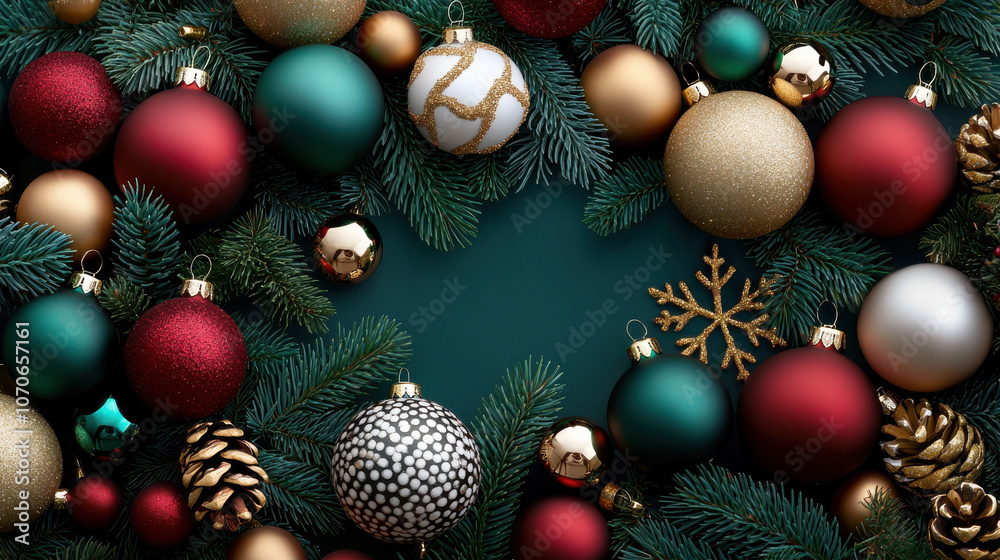 Festive Christmas ornaments in red, green, and gold create joyful scene Festive Christmas ornaments in red, green, and gold create joyful scene