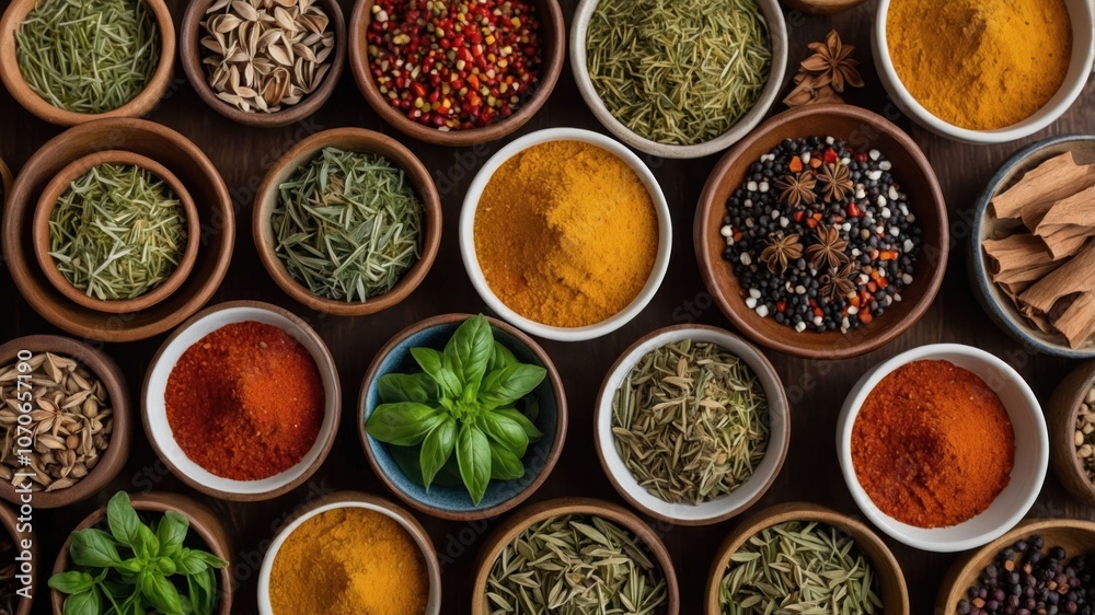A vibrant array of spices and herbs in bowls, showcasing culinary diversity and flavor. A vibrant array of spices and herbs in bowls, showcasing culinary diversity and flavor.