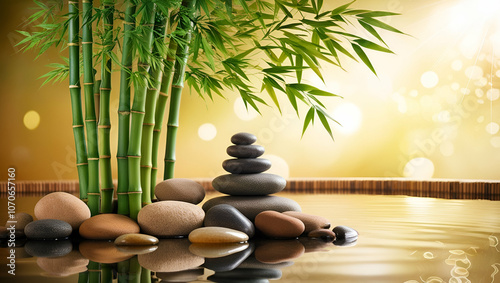 A dreamy, shallow-depth-of-field bokeh effect photography captures a serene spa backdrop featuring a lush cluster of bamboo stalks swaying gently in the breeze, surrounded by carefully arranged river 