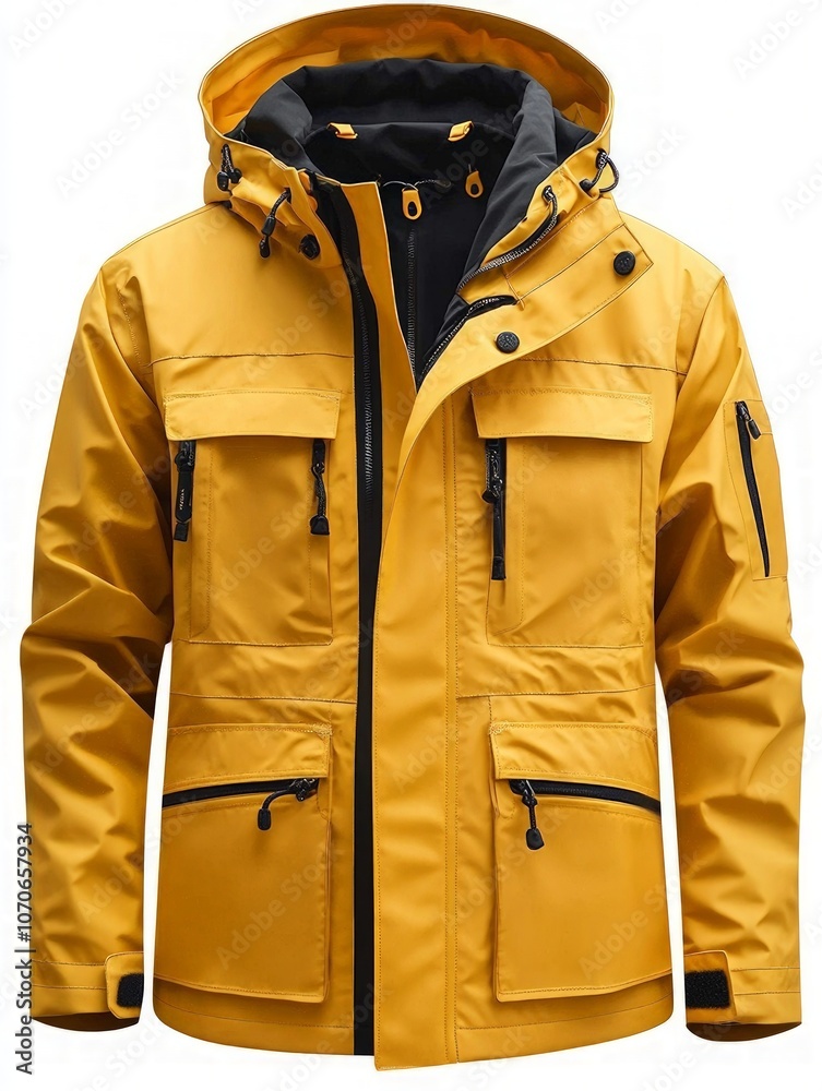 Vibrant yellow waterproof jacket, designed for outdoor adventures, featuring multiple functional pockets, adjustable hood, and a sleek modern aesthetic for active lifestyles Vibrant yellow waterproof jacket, designed for outdoor adventures, featuring multiple functional pockets, adjustable hood, and a sleek modern aesthetic for active lifestyles