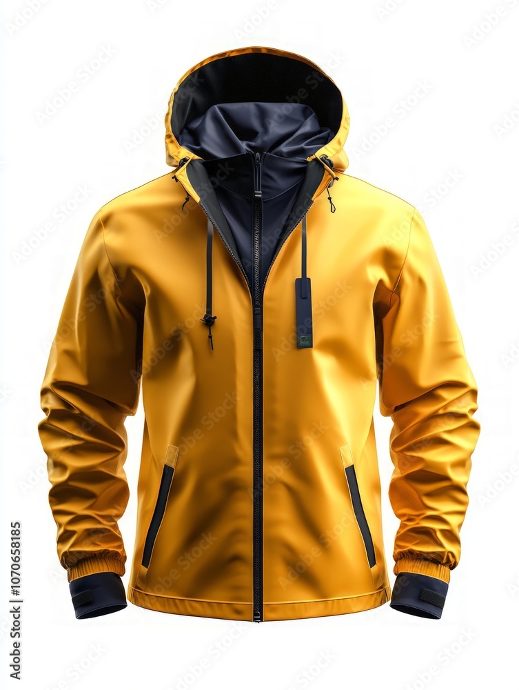 Vibrant yellow waterproof jacket, modern design with a dual-layered hood, equipped with adjustable drawstrings, suitable for outdoor adventures and rainy weather. Vibrant yellow waterproof jacket, modern design with a dual-layered hood, equipped with adjustable drawstrings, suitable for outdoor adventures and rainy weather.