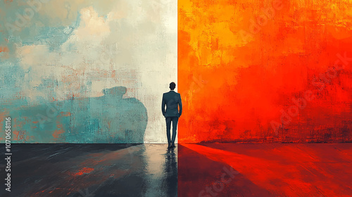 Businessman standing on sight labeled past and future, looking forward to success. Strategic planning and ambitions for growth. Contemporary art collage. Concept of business, achievement, development.