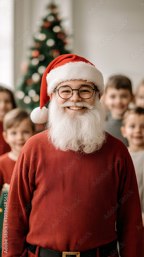 Fototapeta premium Santa Claus smiling joyfully with group of happy children around him, celebrating festive season together. atmosphere is filled with holiday cheer and excitement