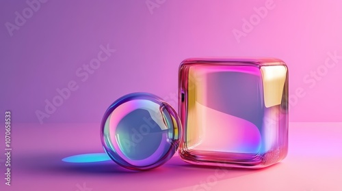 A vibrant arrangement of a glass sphere and cube reflecting colorful light against a gradient background.