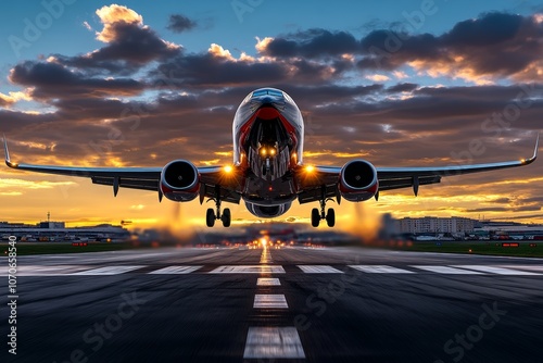 A realistic view of a plane taking off from a runway with dramatic motion blur and clear blue sky photo