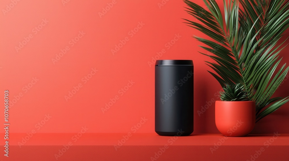 A modern black container sits beside a vibrant green plant in a bright red setting, creating a striking visual contrast. A modern black container sits beside a vibrant green plant in a bright red setting, creating a striking visual contrast.