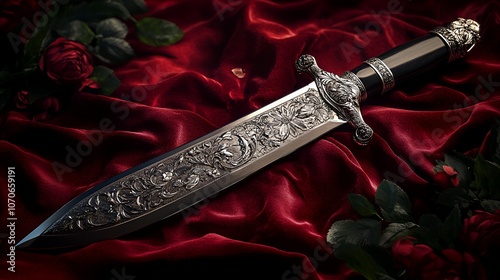 An ornate sword lies on rich red fabric, surrounded by roses, showcasing intricate designs and a luxurious aesthetic.