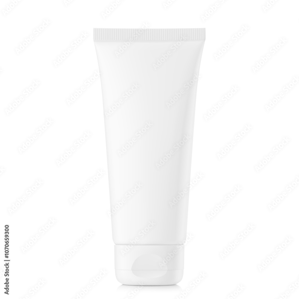 Blank plastic tube mockup for cosmetics with cap. Front view. Vector illustration isolated on white background. Can be use for your design, advertising. EPS10.	