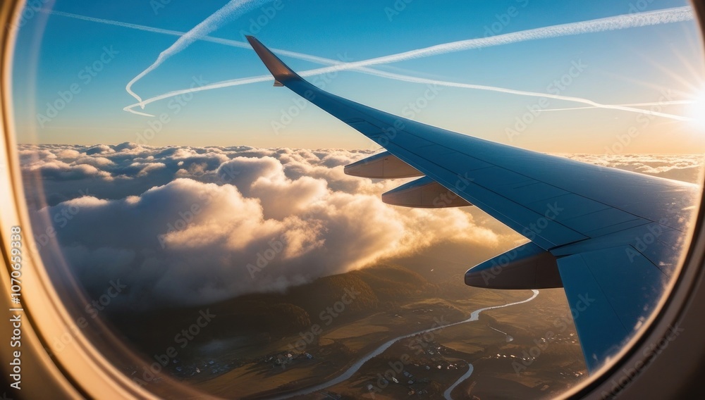 Fototapeta premium Aerial view of sunrise through airliner window in the morning. Aerial view of Cloudscape in dawn through plane window. Travel and vacation concept