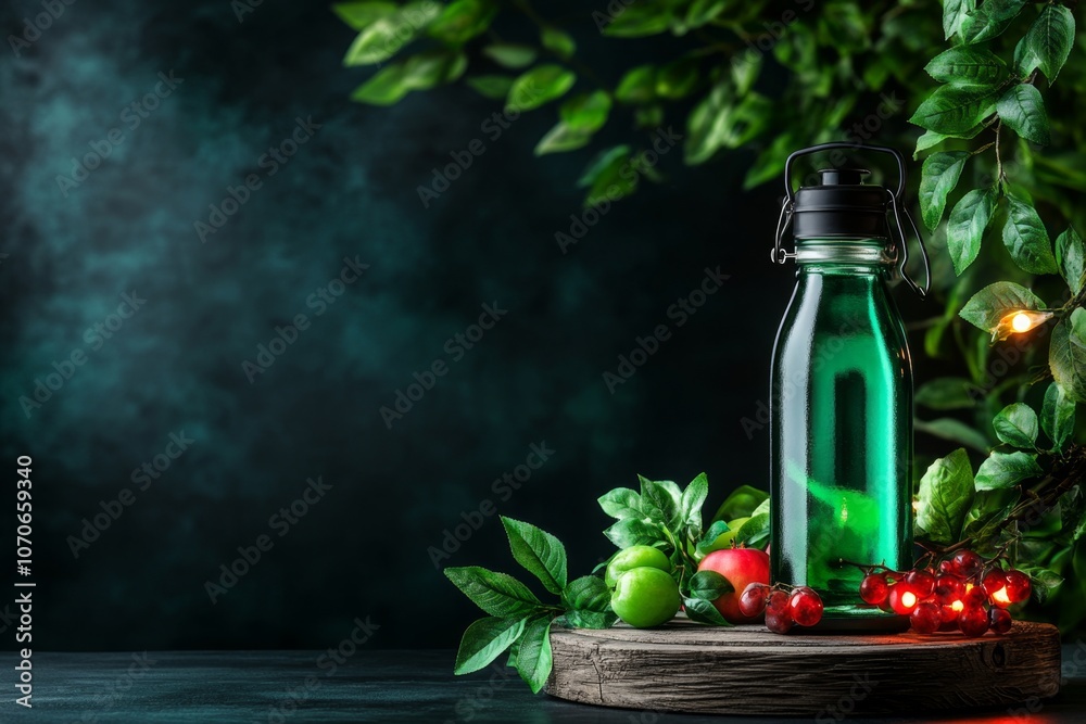 A still life with bottles, fruits, and a vintage lantern on a wooden table, showing fine textures and natural lighting A still life with bottles, fruits, and a vintage lantern on a wooden table, showing fine textures and natural lighting