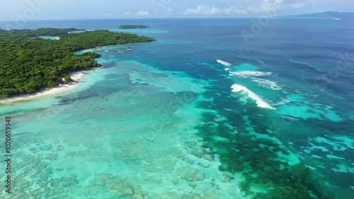 Wallpaper Mural Aerial View of Tropical Paradise Serene Landscape with Turquoise Waters, Vibrant Coral Reefs, and Lush Green Islands Evoking Tranquility and Natural Beauty. Torontodigital.ca