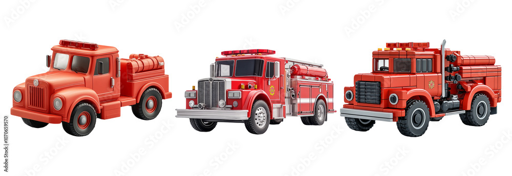 Naklejka premium Three Colorful Toy Fire Trucks on Transparent Background