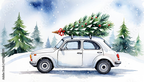 small white retro car with christmas tree on the roof