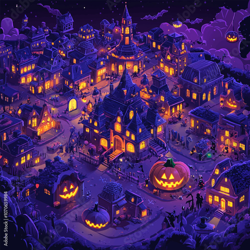 Dark blue and purple night city halloween atmosphere with orange lights lamp set isometric vector flat isolated vector illustration.