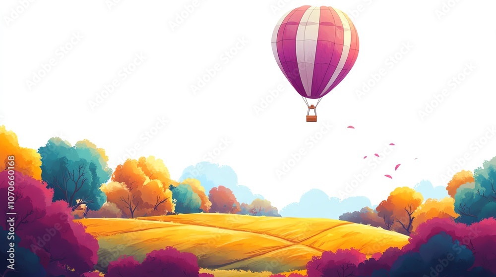 Obraz premium a 2D cartoon illustration of a hot air balloon floating over a field, colorful and magical, white background--ar 16:9