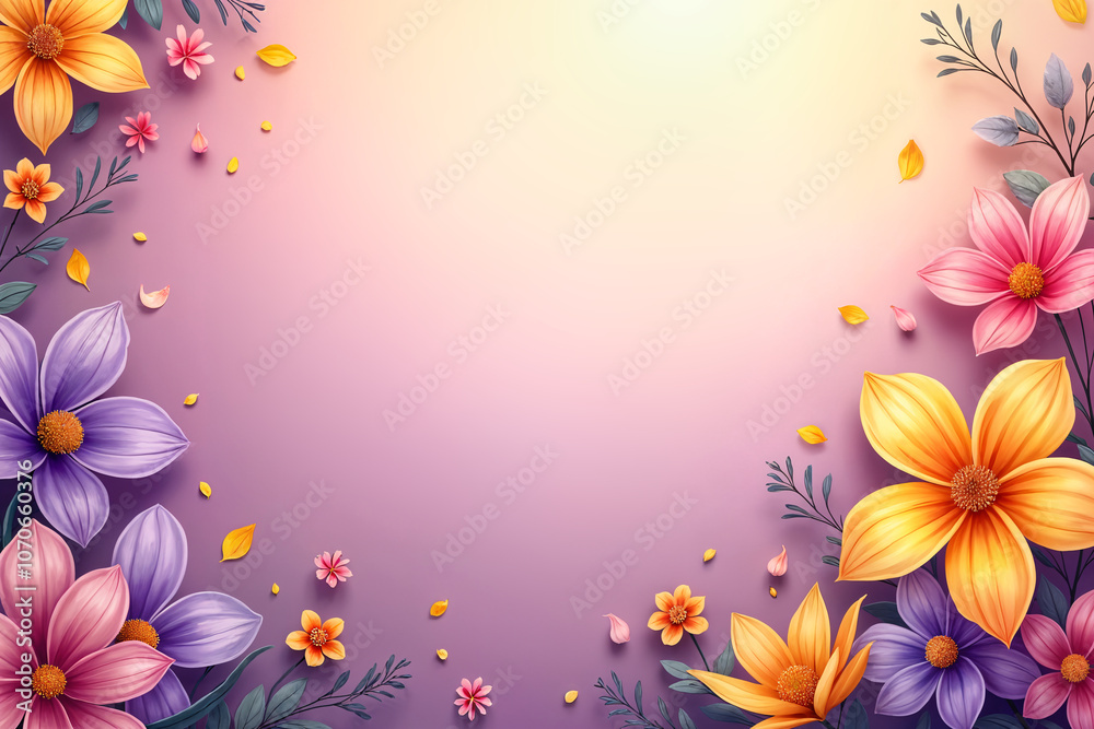 Festive background. Vibrant and colorful digital illustration featuring a floral border with various flowers, including purple, yellow, and pink ones, against a soft pink background. Festive background. Vibrant and colorful digital illustration featuring a floral border with various flowers, including purple, yellow, and pink ones, against a soft pink background.