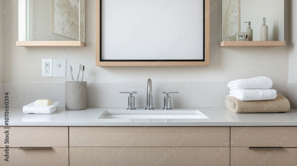 Mockup of Modern Bathroom with Blank Frame Above Minimalist Sink, Clean Lines, and Sleek Accessories Mockup of Modern Bathroom with Blank Frame Above Minimalist Sink, Clean Lines, and Sleek Accessories