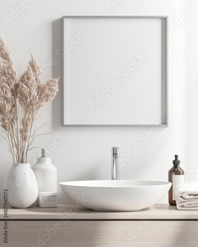 Mockup of Modern Bathroom with Blank Frame Above Minimalist Sink, Clean Lines, and Sleek Accessories