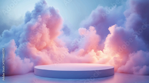 Cloud background podium blue 3d product sky white display platform render abstract stage pastel scene. Podium stand light minimal cloud background studio dreamy pedestal backdrop smoke geometric.