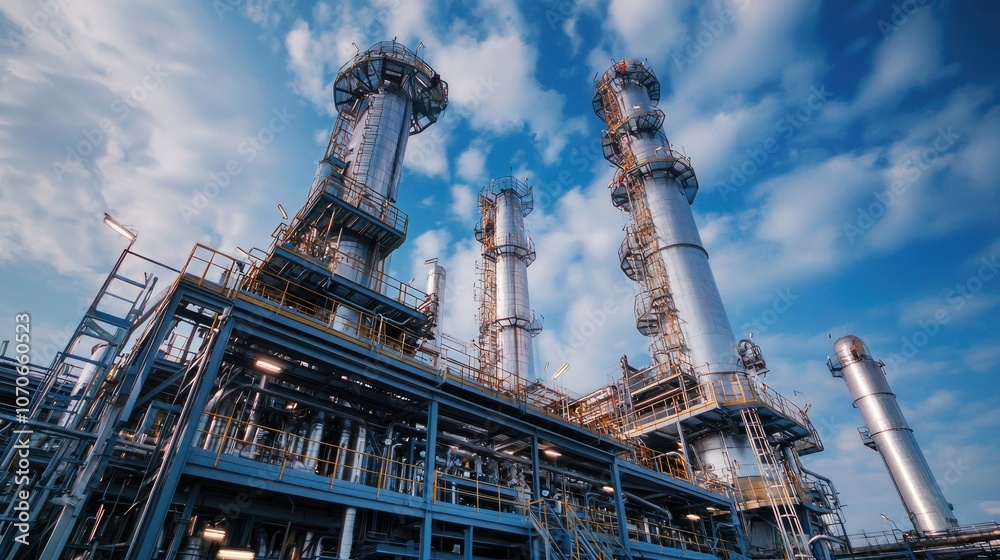 Tall industrial smokestacks and a metal structure of a chemical plant against a bright blue sky. Tall industrial smokestacks and a metal structure of a chemical plant against a bright blue sky.
