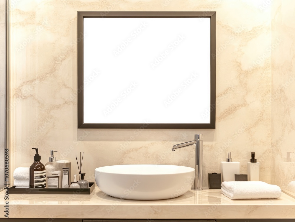 Mockup of Modern Bathroom with Blank Frame Above Minimalist Sink, Clean Lines, and Sleek Accessories Mockup of Modern Bathroom with Blank Frame Above Minimalist Sink, Clean Lines, and Sleek Accessories