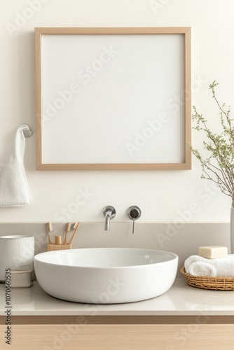 Mockup of Modern Bathroom with Blank Frame Above Minimalist Sink, Clean Lines, and Sleek Accessories