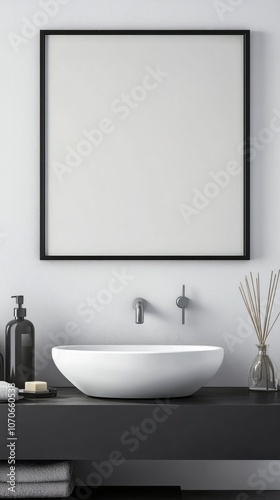 Mockup of Modern Bathroom with Blank Frame Above Minimalist Sink, Clean Lines, and Sleek Accessories