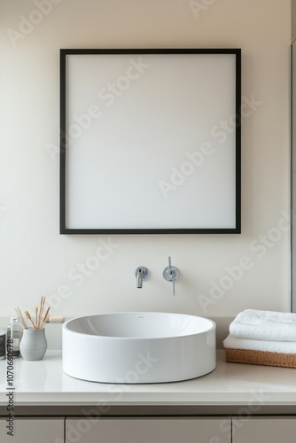 Mockup of Modern Bathroom with Blank Frame Above Minimalist Sink, Clean Lines, and Sleek Accessories
