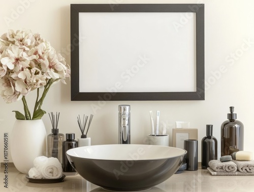 Mockup of Modern Bathroom with Blank Frame Above Minimalist Sink, Clean Lines, and Sleek Accessories