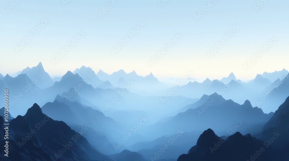 Breathtaking view of misty mountain ranges with soft blue hues, evoking a sense of calm and serenity. Breathtaking view of misty mountain ranges with soft blue hues, evoking a sense of calm and serenity.