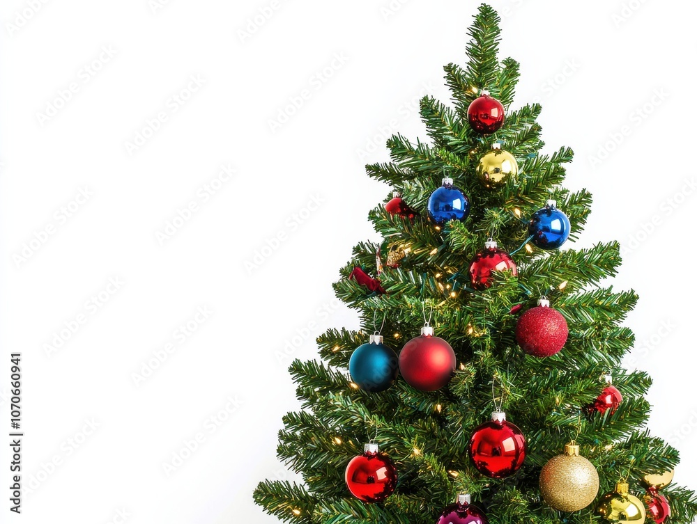 A beautifully decorated Christmas tree with red, blue, gold, and silver ornaments against a white background. A beautifully decorated Christmas tree with red, blue, gold, and silver ornaments against a white background.