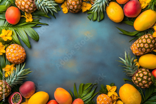 Tropical fruits border with vibrant colors and fresh seasonal produce. Arranged into a frame with dark space in the center for a template in a presentation or graphic design. photo