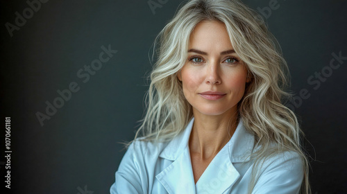 Elegant female doctor with gray hair, looking confident and approachable, wearing a lab coat in a professional setting