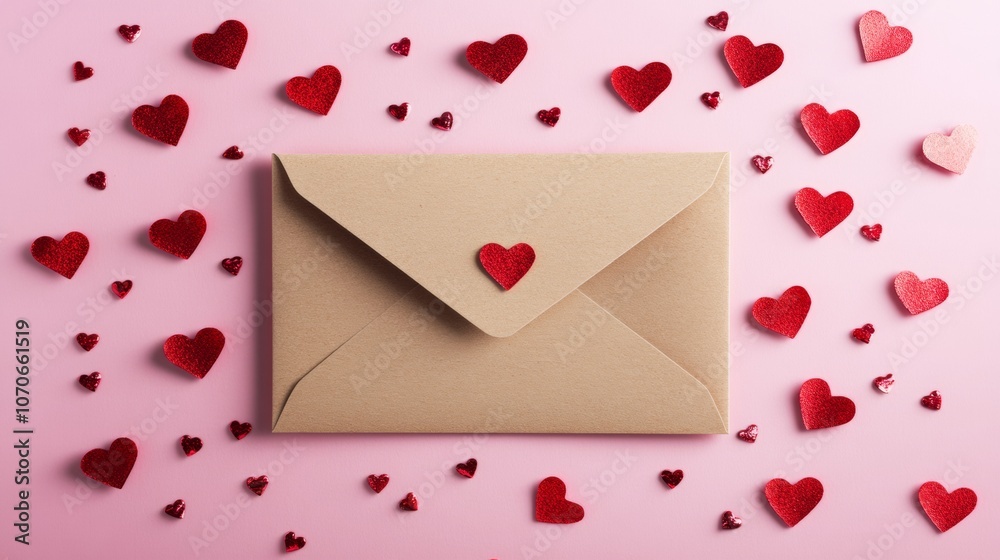 blank letter next to an envelope on a pink background with hearts. valentine's day concept blank letter next to an envelope on a pink background with hearts. valentine's day concept