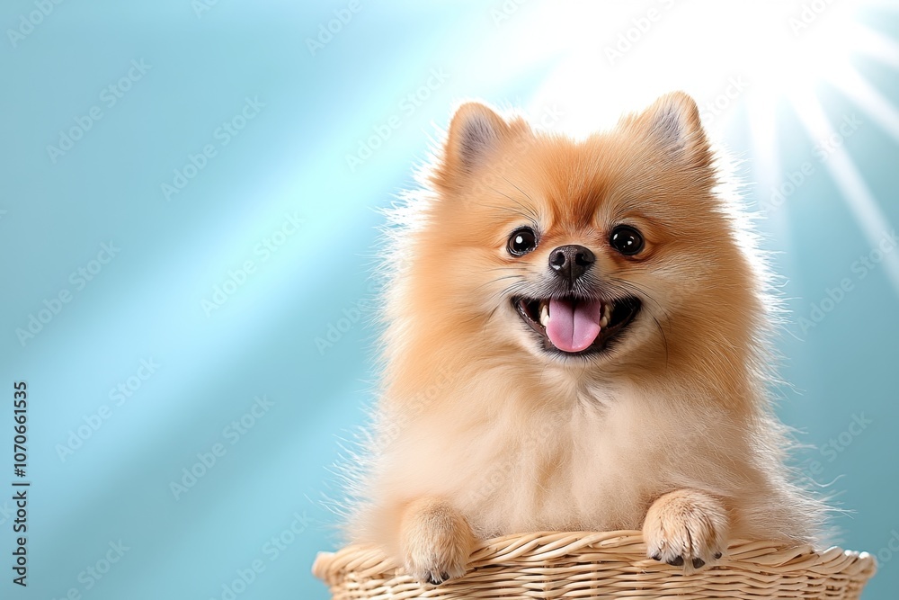 Close-up of a fluffy Pomeranian sitting in a basket, with a happy expression and soft, detailed fur Close-up of a fluffy Pomeranian sitting in a basket, with a happy expression and soft, detailed fur