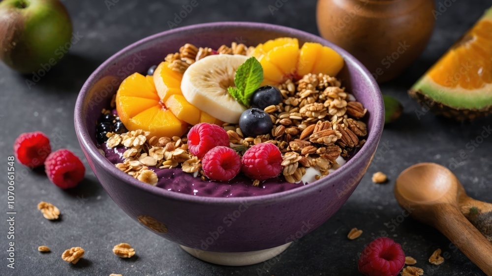 A vibrant bowl of smoothie topped with fruits, granola, and nuts, perfect for a healthy breakfast. A vibrant bowl of smoothie topped with fruits, granola, and nuts, perfect for a healthy breakfast.